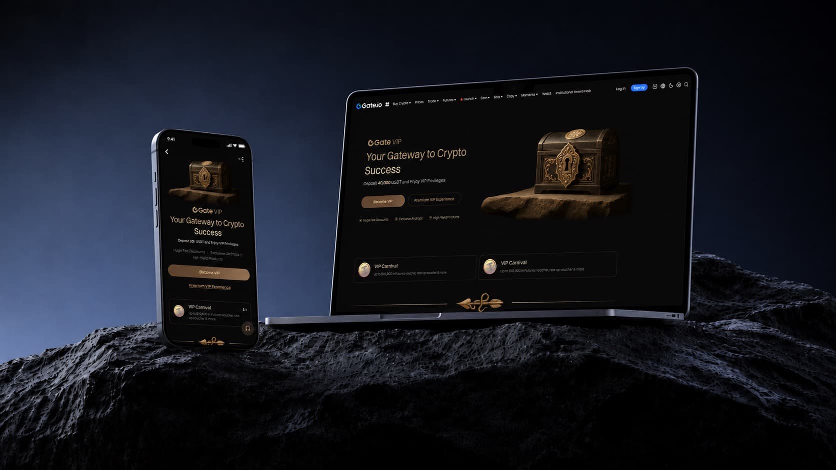 Gate VIP redesign cover with premium black and gold interface visuals